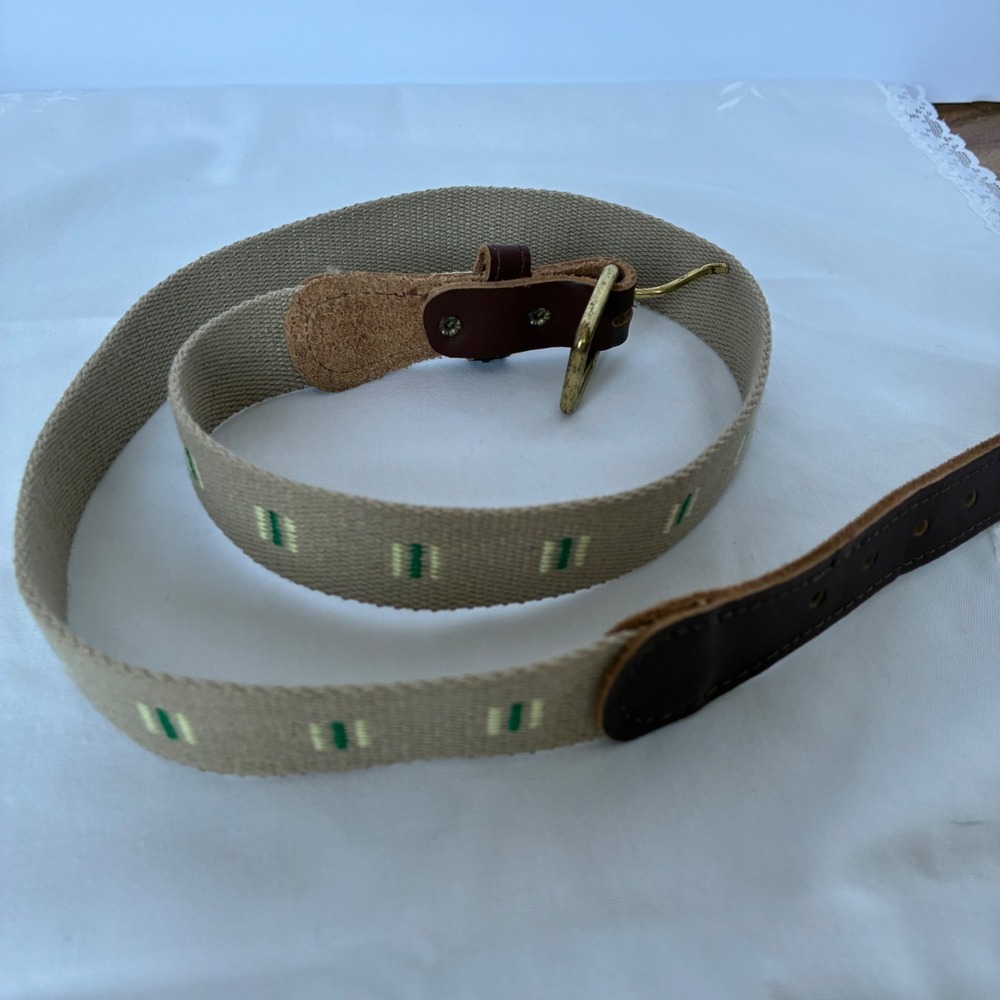 Vintage Style Tan Canvas Web Belt Genuine Leather Tabs Brass Buckle Size 28